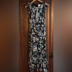 Cinq à Sept Navy Blue Dress with White and Blue Floral Accents